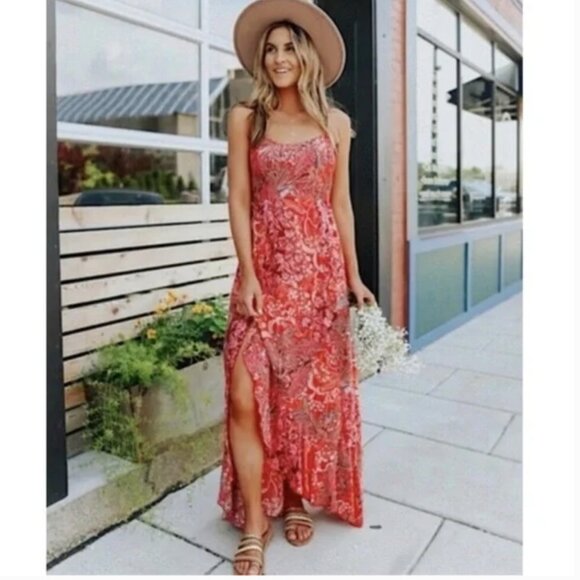 Free People Intimately Forever Yours Smocked Slip Maxi Dress Size S Red whimSy - Picture 14 of 14